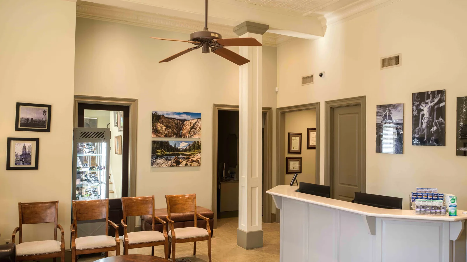 The reception desk at Wood Eye Clinic in downtown Pontotoc