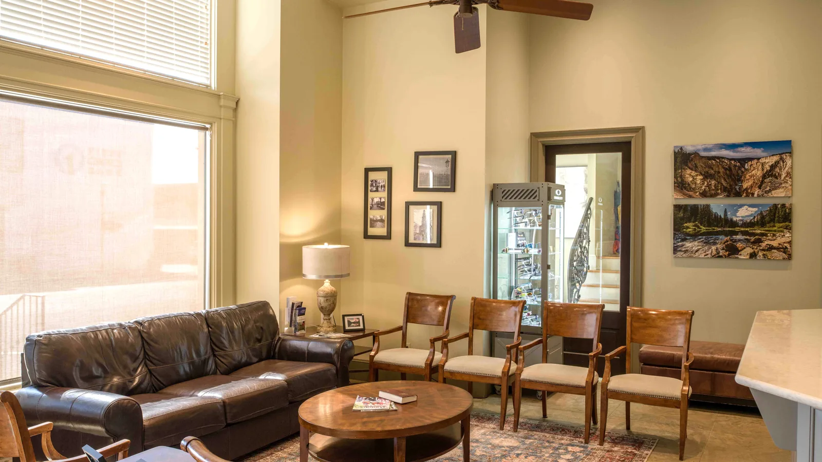 The bright, light-filled waiting area at Wood Eye Clinic